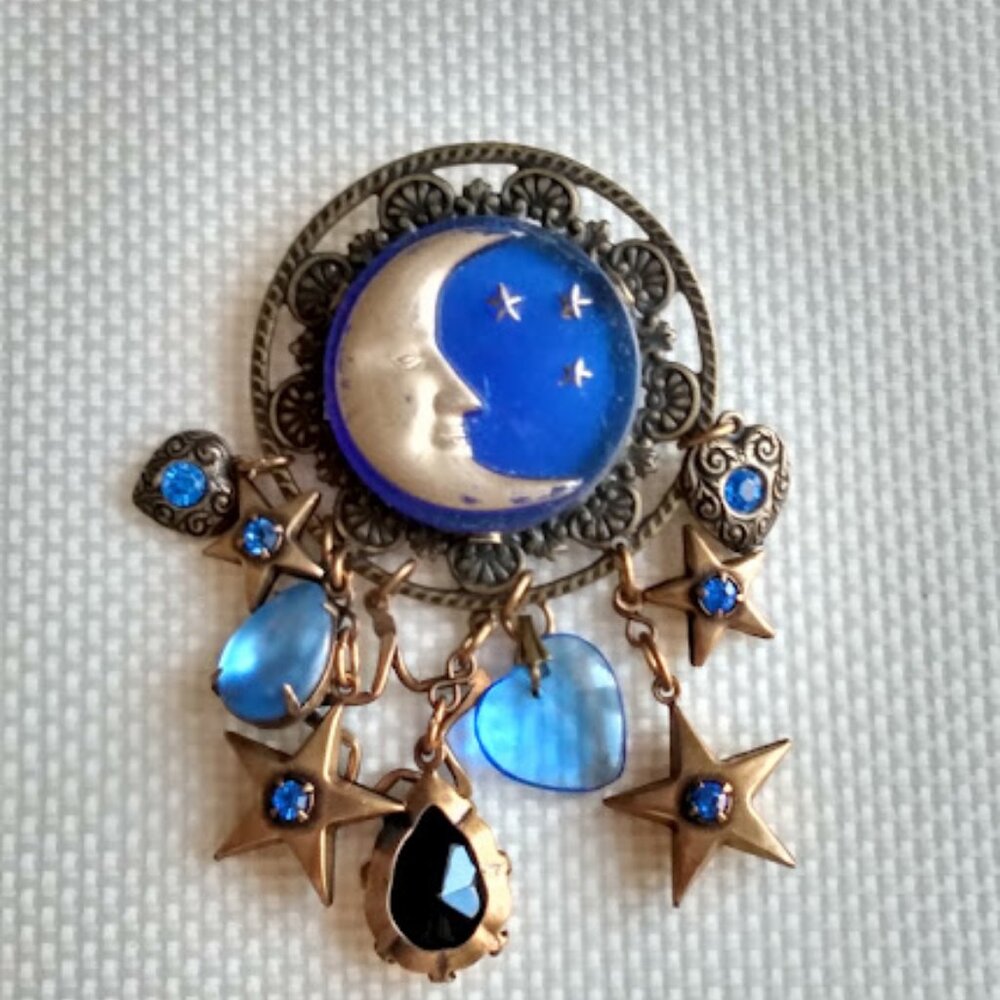 Blue and Gold tones Man in the moon brooch